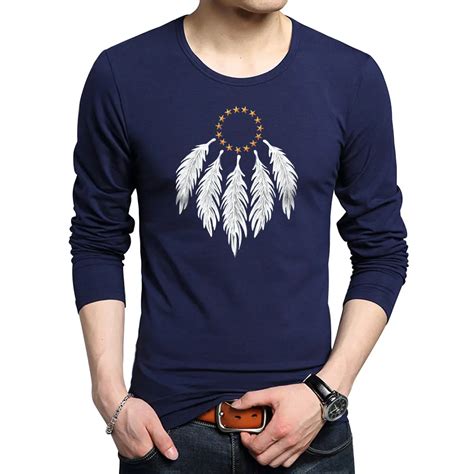 Mens Casual Summer T Shirt 2019 Full Sleeve Slim Fit Tops Fashion Feather Gold Necklace Print