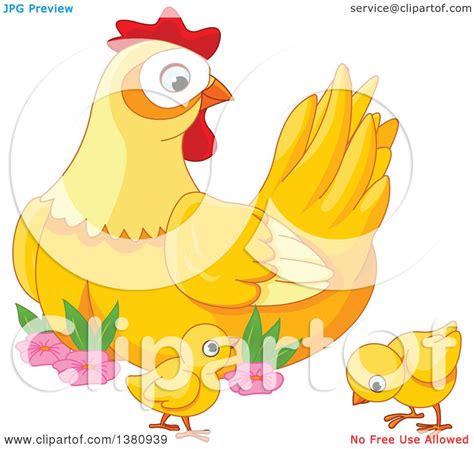 Clipart Of A Cute Mother Hen Watching Her Baby Chicks Royalty Free