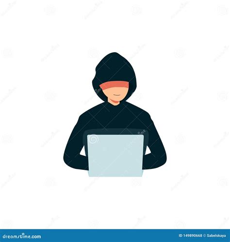 Hacker Using A Laptop Icon Criminal Man In A Hoodie Breaking Into