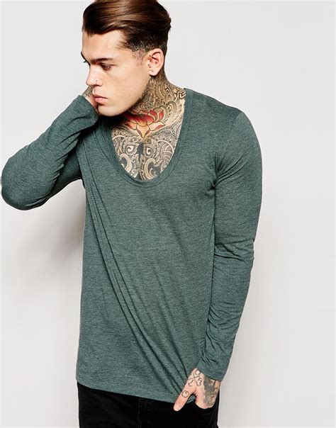 Asos Longline Long Sleeve T Shirt With Deep Scoop Neck In Green For Men