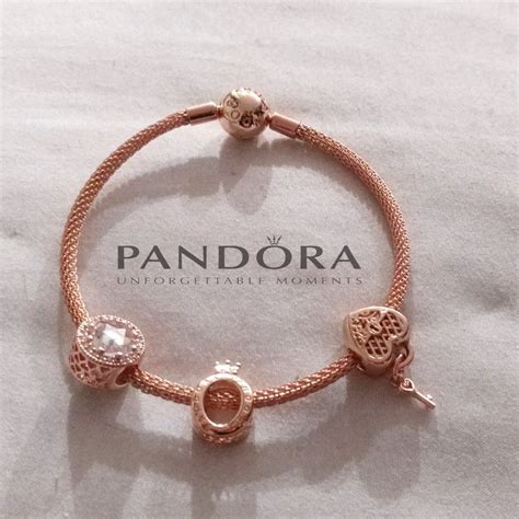 Pandora Rose Gold Mesh Bracelet With 3 Pandora Rose Gold Charms Set