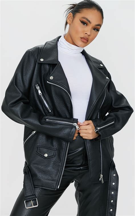 black oversized faux leather zip biker jacket prettylittlething uae