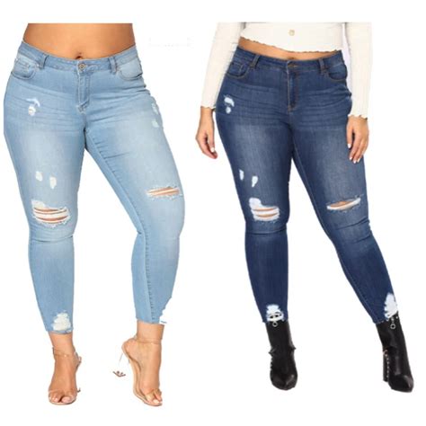 Plus Size Jeans Women High Waist Skinny Pencil Blue Denim Pants Women