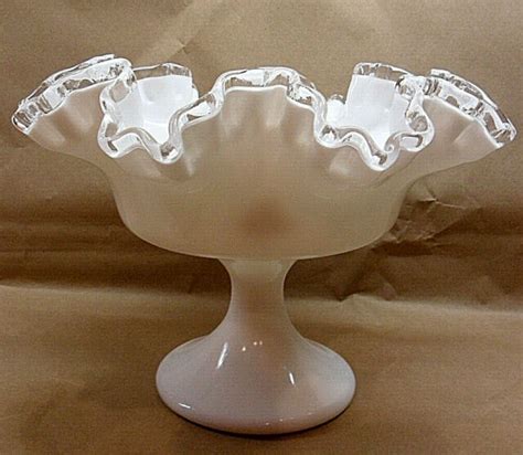 Fenton 7429 Silver Crest And White Milk Glass Footed Double Crimp Comport Label Ebay