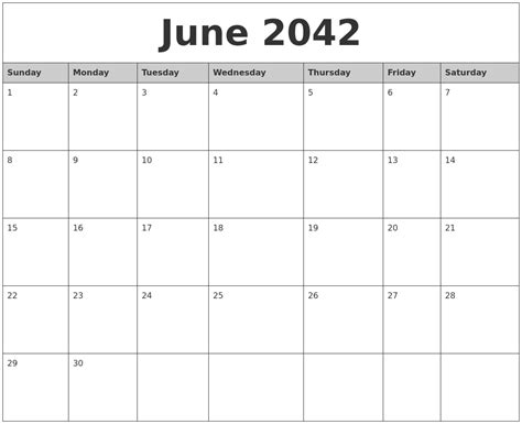 June 2042 Monthly Calendar Printable