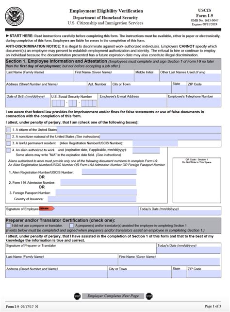Form I 9 Employment Eligibility Verification Fillable Printable Forms
