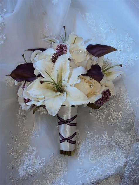real touch purple calla lilies silk ivory tiger lilies and silk ivory roses wedding… silk