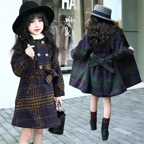 Fall Winter Teenage Girls Outwear Plaid Woolen Tops Coat For Girl