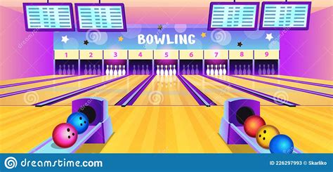 Bowling Club Interior With Bowling Alleys Pins And Balls In Cartoon