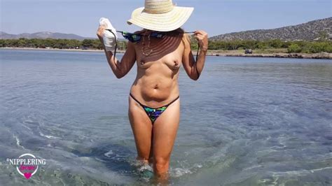 Nippleringlover Topless In Shallow Waters At Public Beach Flashing