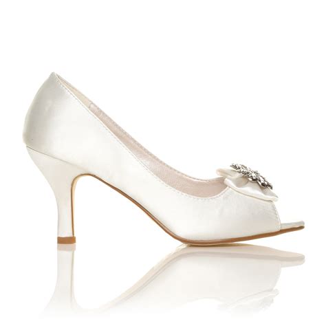 Ivory White Navy Satin Low Heel Bridal Prom Party Peep Toe Sandal Shoes