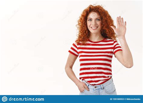 Redhead Woman Raising One Hand Waving Palm Greeting Say Hi Joyfully