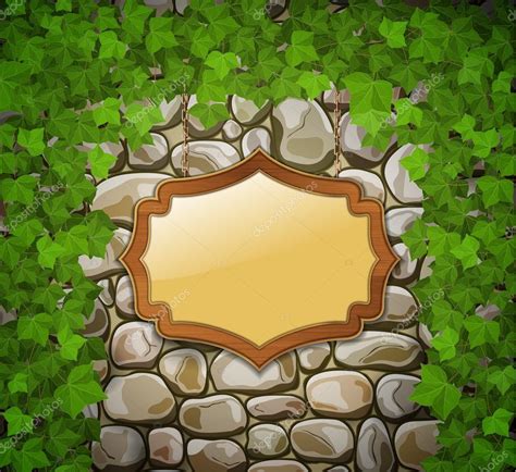Stone Wall With Wooden Shield And Leaves Premium Vector In Adobe