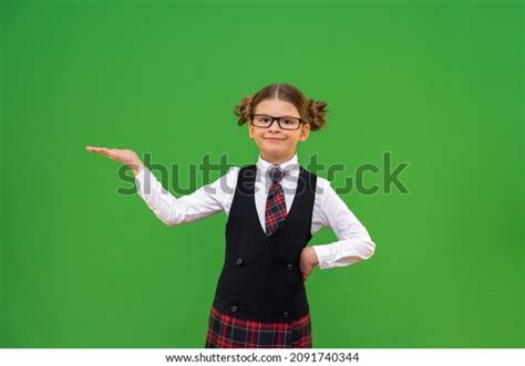Beautiful Schoolgirl Glasses School Uniform Has Stock Photo 2091740344