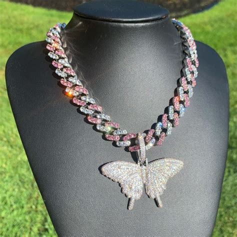 Butterfly Necklace Cuban Choker Chain Necklace Blinged Iced Etsy