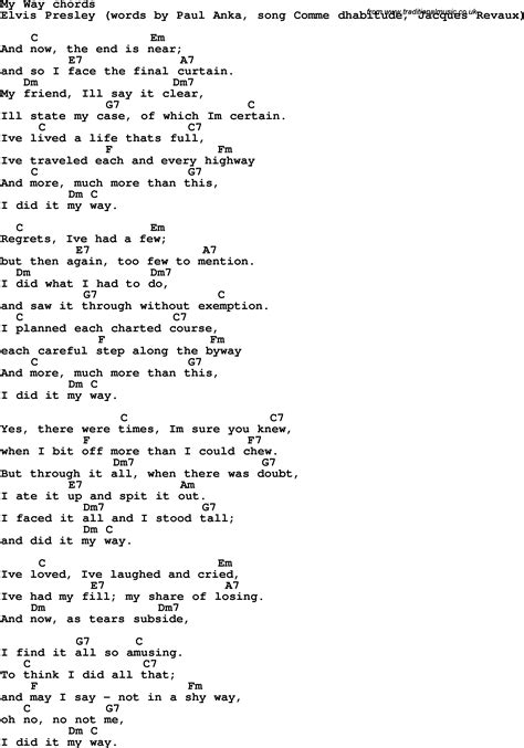 Song Lyrics With Guitar Chords For My Way Elvis Presley