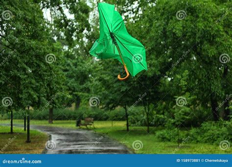 Broken Green Umbrella On Rainy Day Stock Image Image Of Downpour