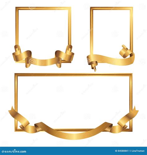 Set Of Golden Frames With Ribbons Collection Of Gold Borders Stock