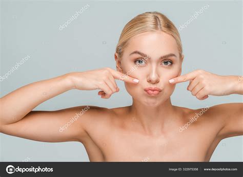 Naked Woman Pointing Fingers Clean Face Isolated Grey Stock Photo