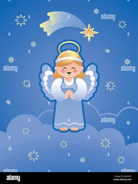 Cute Illustration Of An Angel On The Clouds And The Falling Star Of