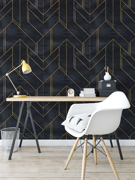 Peel And Stick Wallpaper Geometric Gold Line Black Kraska