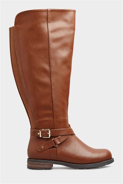 Brown Faux Leather Buckle Knee High Boots In Wide E Fit And Extra Wide