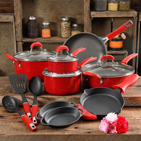 The look of a designer kitchen accentuates if the items in the kitchen are also of the same color. The Pioneer Woman Vintage Speckle Red Cookware Set, 17 ...