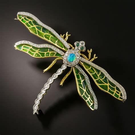 Art Nouveau Style Plique A Jour Dragonfly Brooch Vintage Jewelry