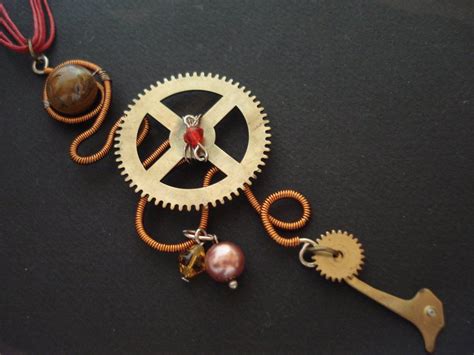 Unique Steampunk Cuckoo Clock Parts Necklace Recycled Modern Red Wax Cord Sliding Knots Necklace