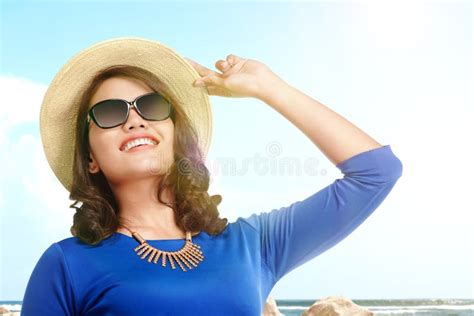 Asian Woman Standing With Hat And Sunglasses On The Beach Stock Image Image Of Person Smiling