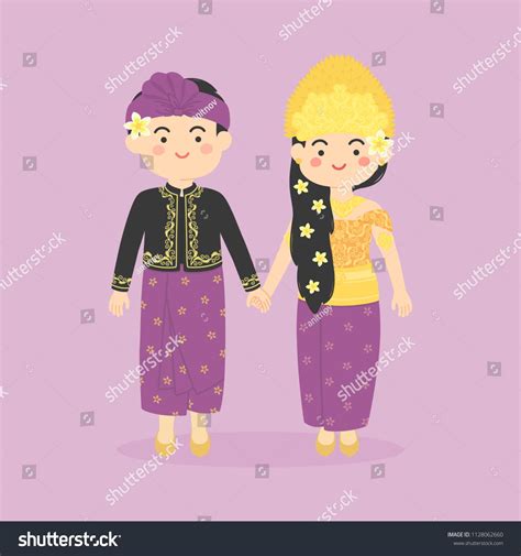 Bali Indonesia Wedding Couple Bride Groom Traditional Clothes Cartoon