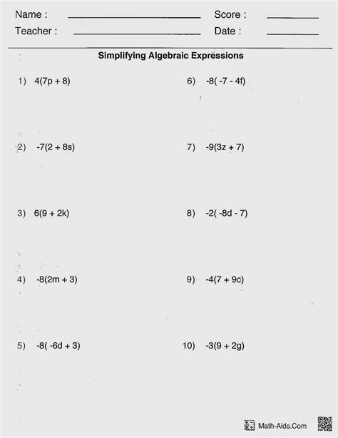 Eighth Grade Algebra Worksheet