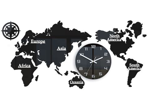 Large Wall Clock World Map Silent Black Clock With Numbers Etsy Uk