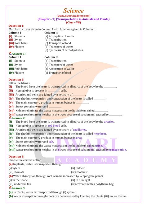 NCERT Solutions for Class 7 Science Chapter 7 Transportation in Animal