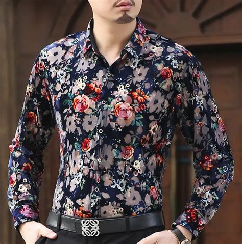 Mens Floral Flower Print Silk Shirts Men Formal Dress Shirt Fashion