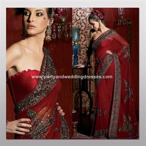 Hot Red Georgette Indian Saree Indian Wedding Bridal Embroidery Dress Perfect Partywear A