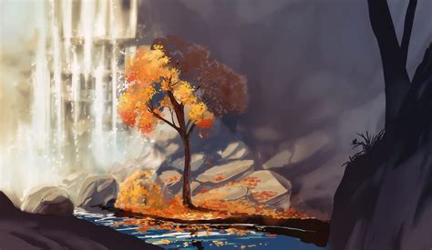 Fantasy Landscape Tree Toon Shading Rock River Autumn Fall