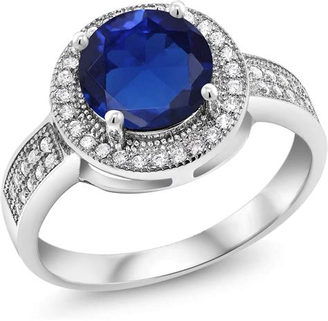 Amazon Com Gem Stone King 3 10 Ct Round Blue Created Sapphire 925