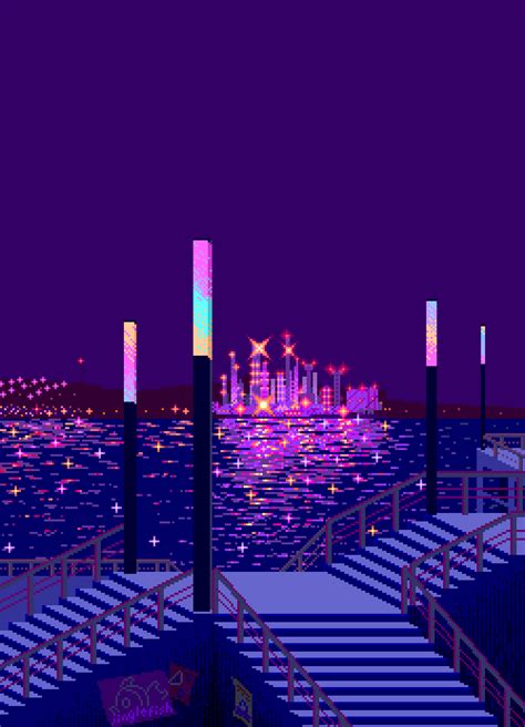 凸 凸 Waterfront gif by lordratchezlath Pixel art Vaporwave art Pixel city