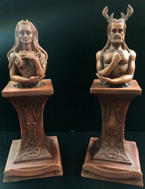 Horned God And Moon Goddess Herm Altar Statue Set Wood Finish Resin ⋆