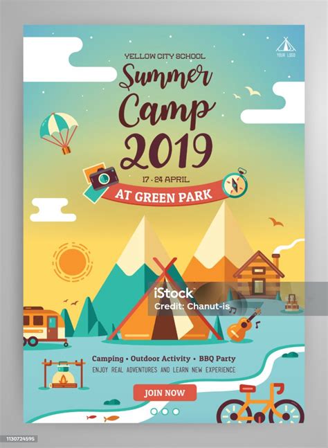 여름 캠프 포스터 레이아웃 캠핑에 대한 스톡 벡터 아트 및 기타 이미지 캠핑 포스터 계절 Istock