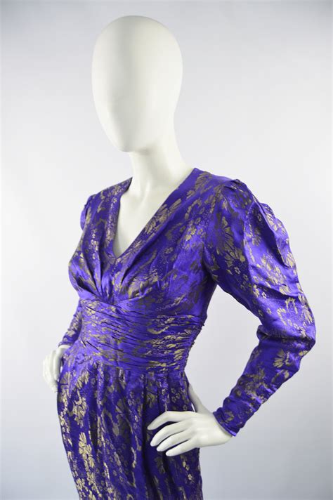 Emanuel Ungaro Blue And Gold Vintage Silk Party Dress 1980s Zeus Vintage