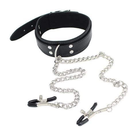 Fetish Pu Leather Sex Slave Collar With Nipple Clamps Erotic Bondage