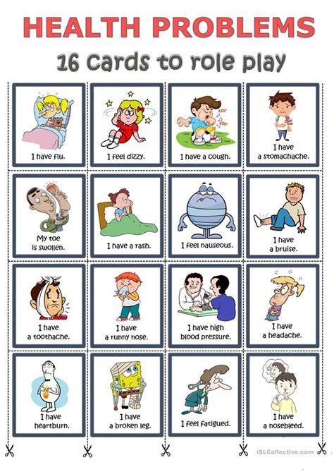 15 vocabulary cards showing health ailments. Health problems - cards to role play worksheet - Free ESL ...