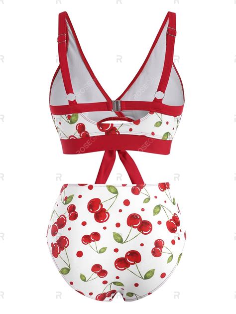 Knot Cherry Print Surplice Bikini Swimwear Bikini Swimwear Bikinis