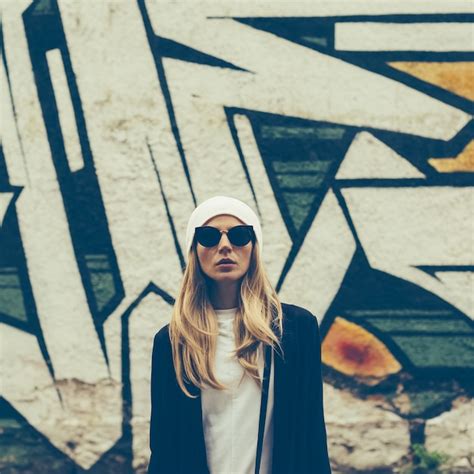 premium photo blonde on city street trendy urban loock cap and stylish sunglasses