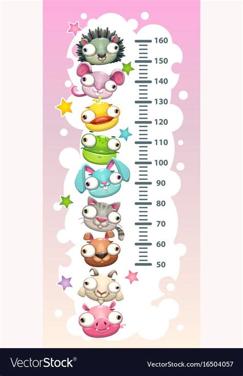 Kids Height Chart Template With Funny Cartoon Round Animals Vector