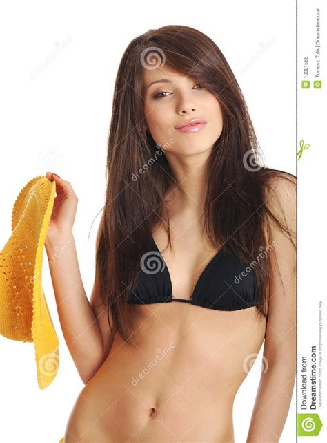 Beautiful Woman In Yellow Hat And Bikini Stock Image