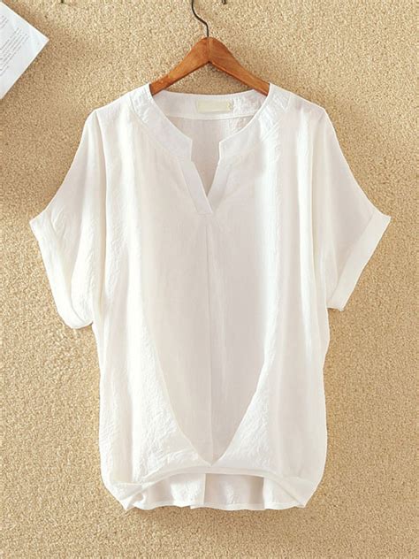 Shirt For Women White Polyester V Neck Classic Short Sleeves Tops