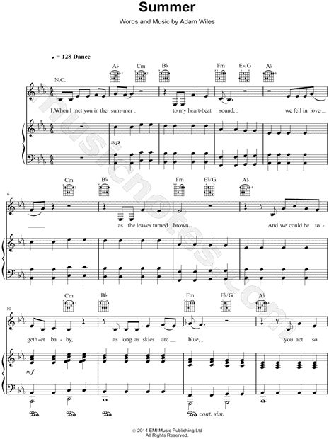 Calvin Harris Summer Sheet Music In Eb Major Transposable Download And Print Sku Mn0134867 D4